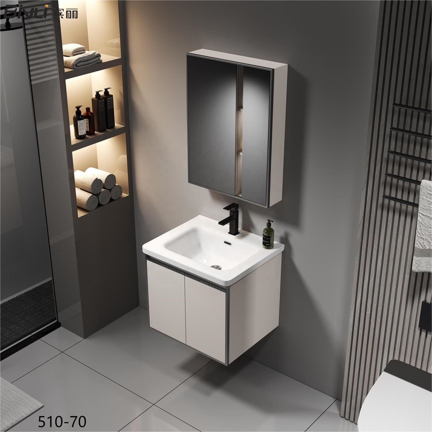 Luxury Customized Product Toilet Washbasin Storage Cabinet Modern Style Stainless Steel Bathroom Vanities with Lights Mirror