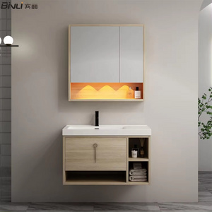 Wall Mounted Solid  Wood  Bathroom Storage Vanity Cabinet with Smart Led Light Mirror for Hotel