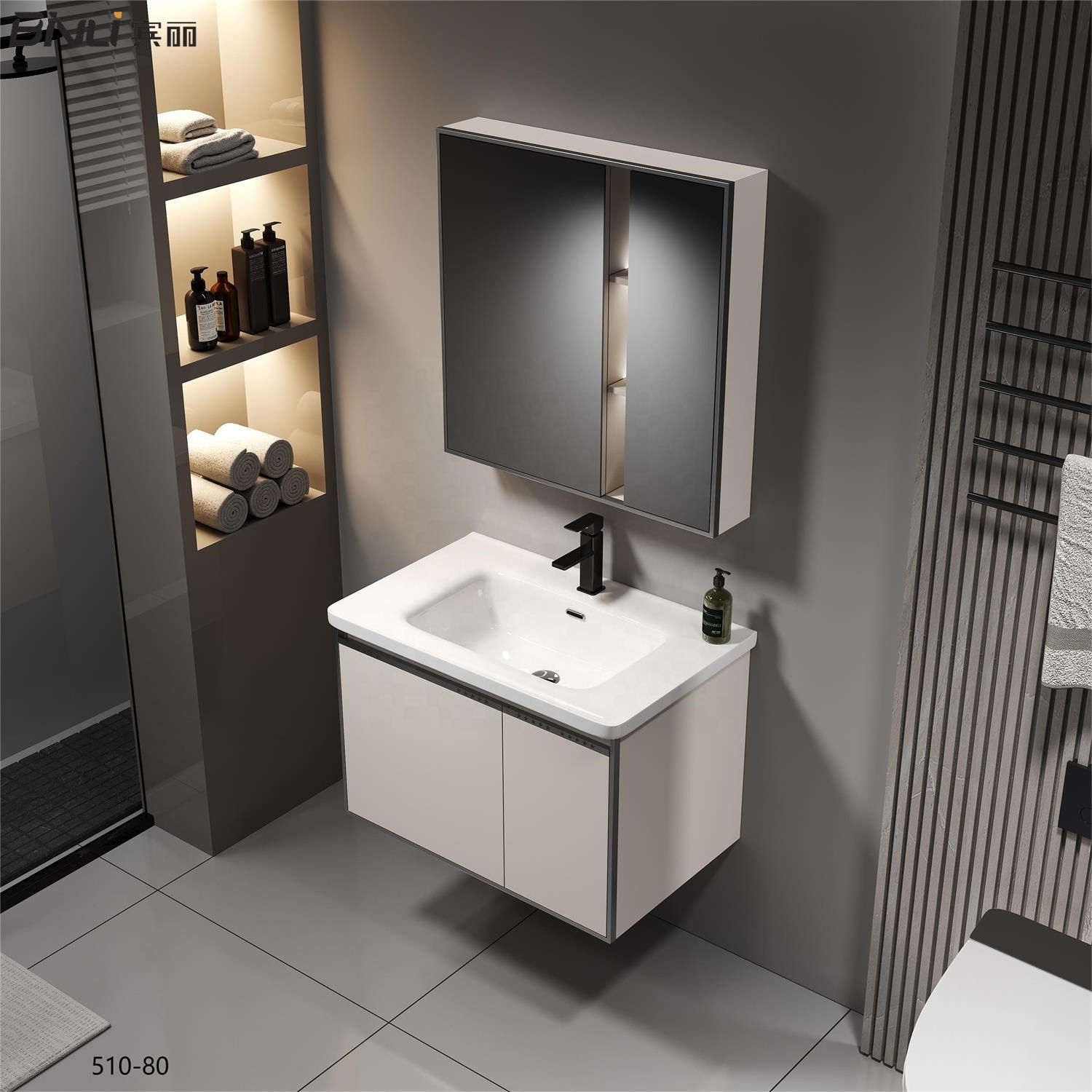 Luxury Customized Product Toilet Washbasin Storage Cabinet Modern Style Stainless Steel Bathroom Vanities with Lights Mirror