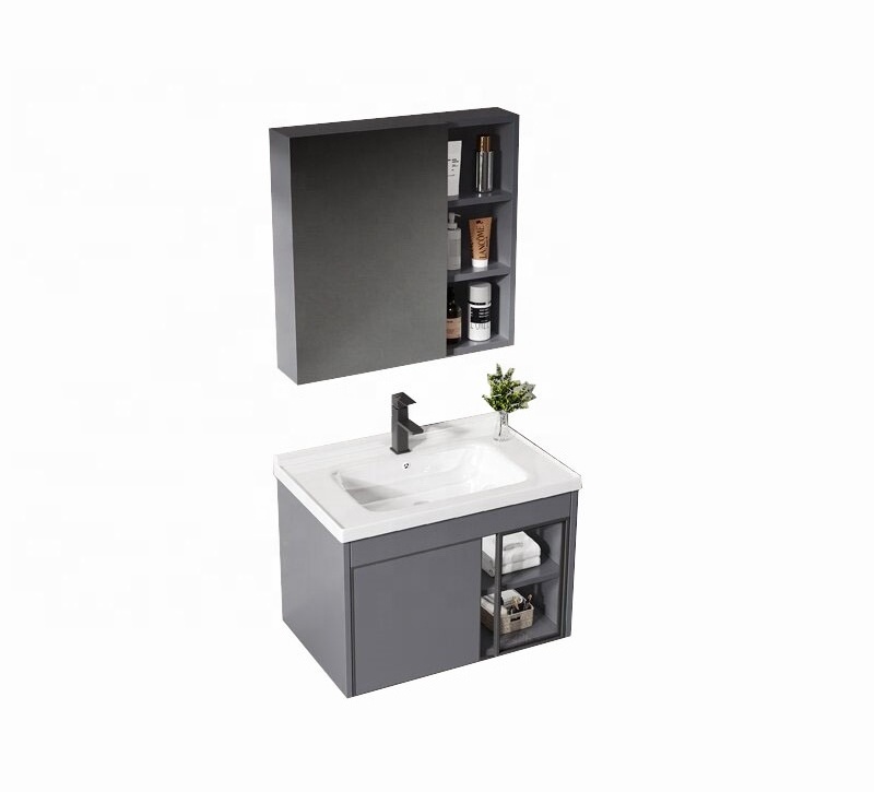 2023 New design 600mm wall mounted bathroom sets grey aluminium bathroom vanity cabinet with ceramic wash basin