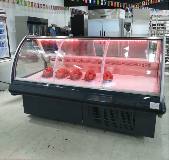 Butchery shop glass door service counter deli meat show case refrigerator