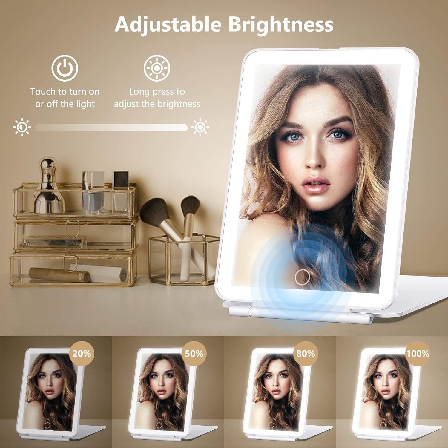 Rechargeable travel cosmetic mirror with 10 times magnifying glass, with 80 LED lights, 3-color lighting