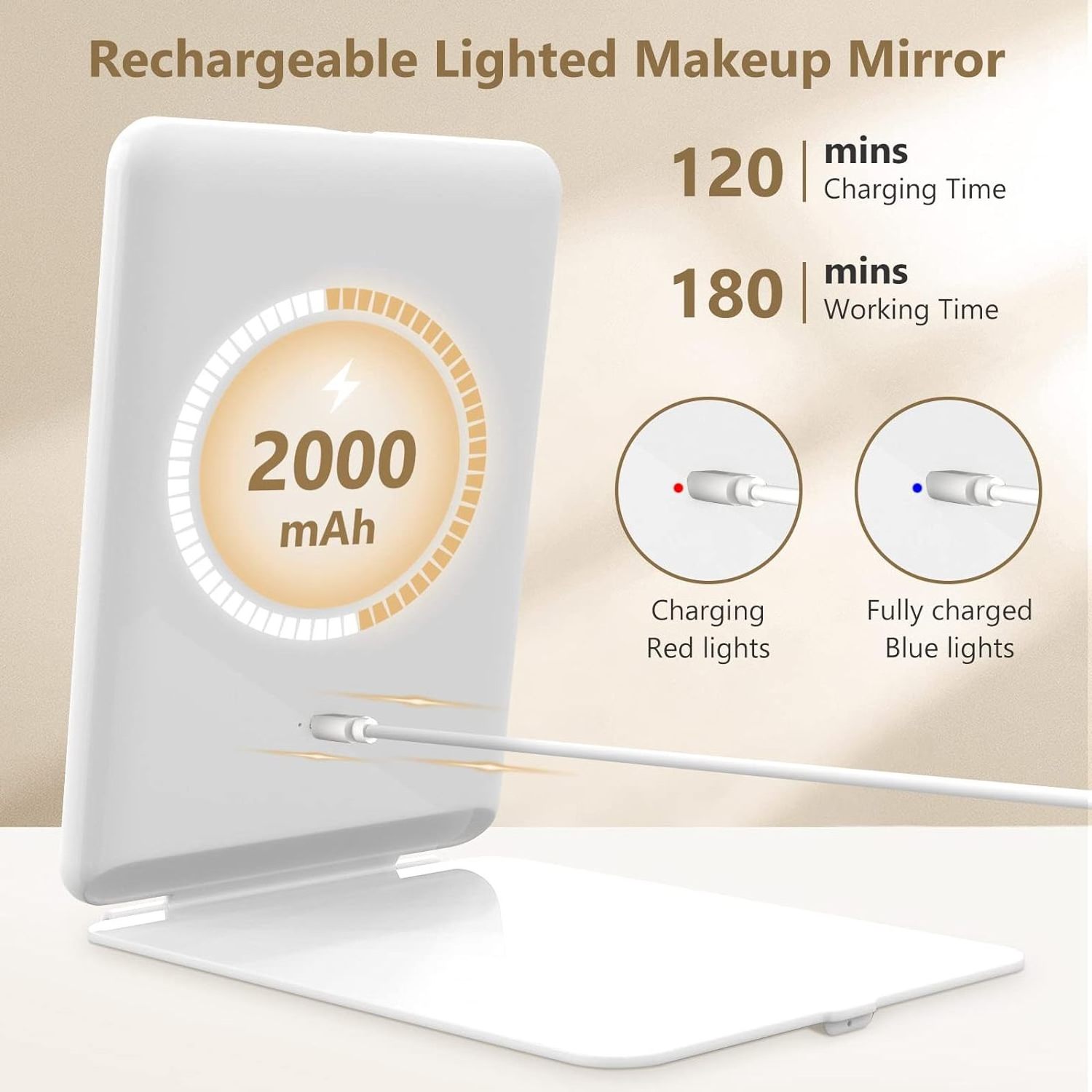 Rechargeable travel cosmetic mirror with 10 times magnifying glass, with 80 LED lights, 3-color lighting