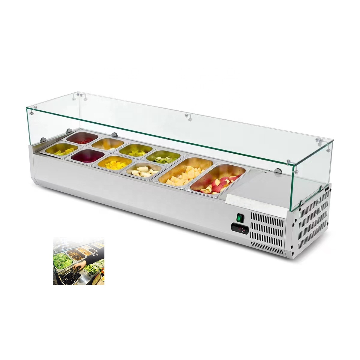 commercial equipment supermarket fruit stainless steel freezer bar with container showcase glass countertop salad refrigerators