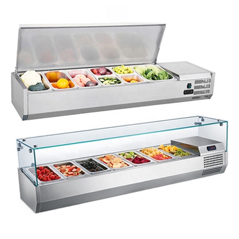 commercial equipment supermarket fruit stainless steel freezer bar with container showcase glass countertop salad refrigerators