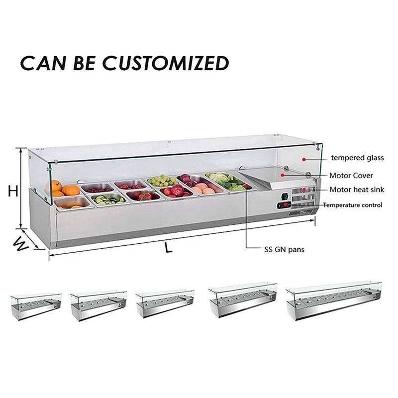 commercial equipment supermarket fruit stainless steel freezer bar with container showcase glass countertop salad refrigerators