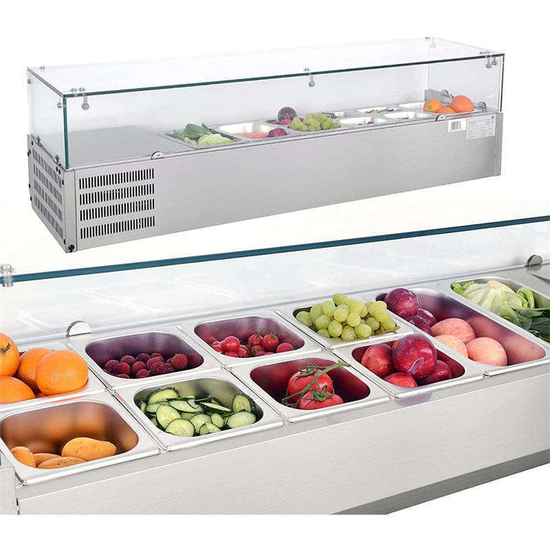 commercial equipment supermarket fruit stainless steel freezer bar with container showcase glass countertop salad refrigerators