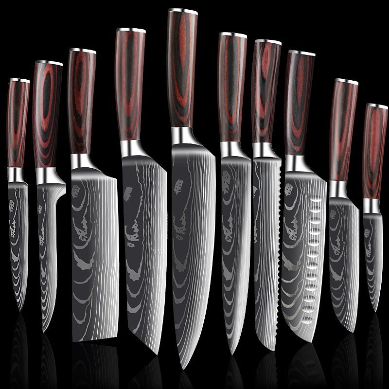 Kitchen Knives Stainless Steel 4CR14 440C Laser Damascus Japanese Santoku Cleaver Slicing Utility Chef Knife Set