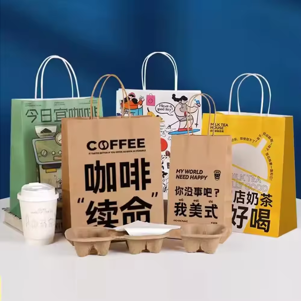 OEM logo print ecological restaurant take out coffee packaging twist handles recycled commercial kraft togo paper bags for food