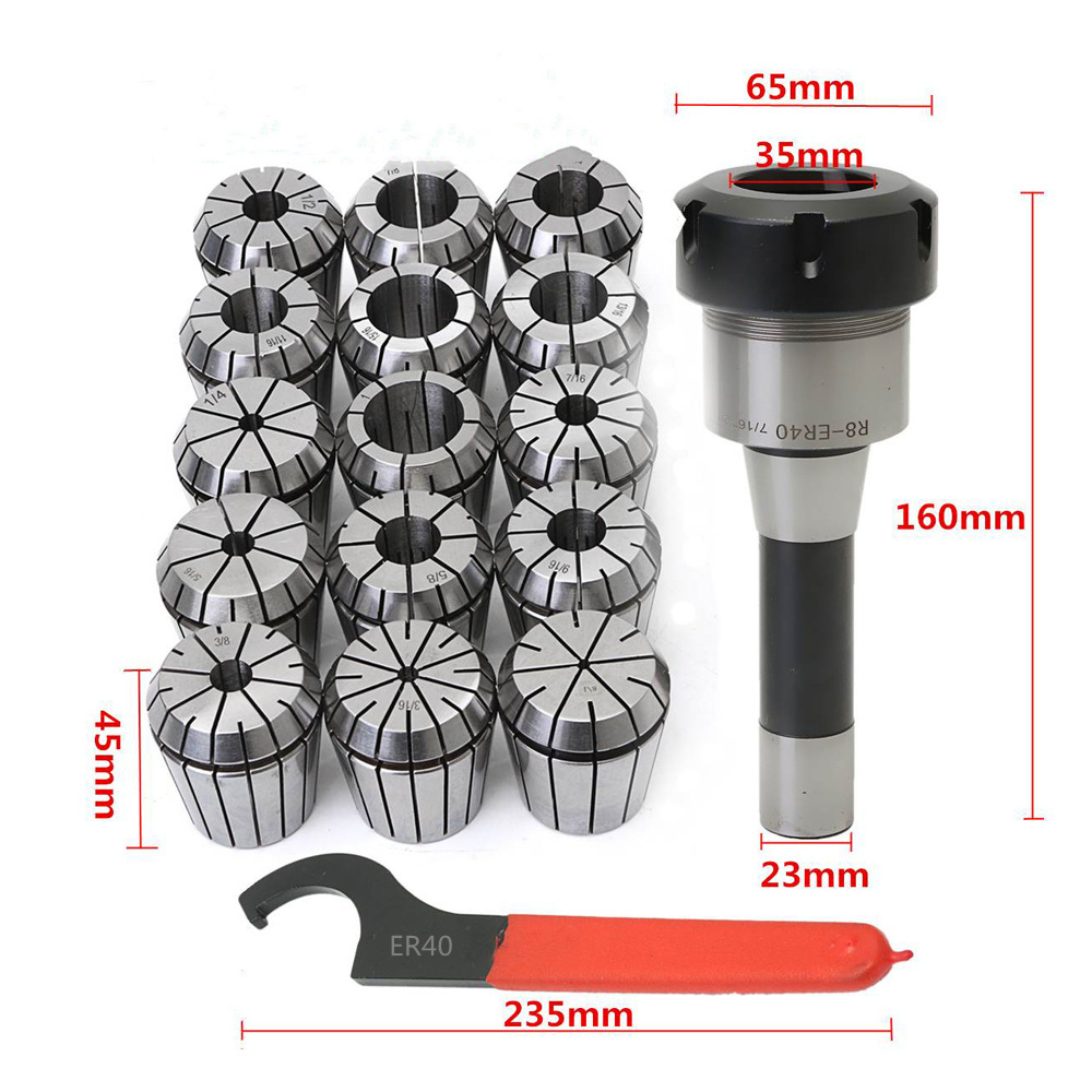 R8-ER40 Collet Chuck Set, R8 Shank Collet Chuck Holder+15Pcs ER40 Collets+Spanner, for Milling Machines CNC Milling Lathe