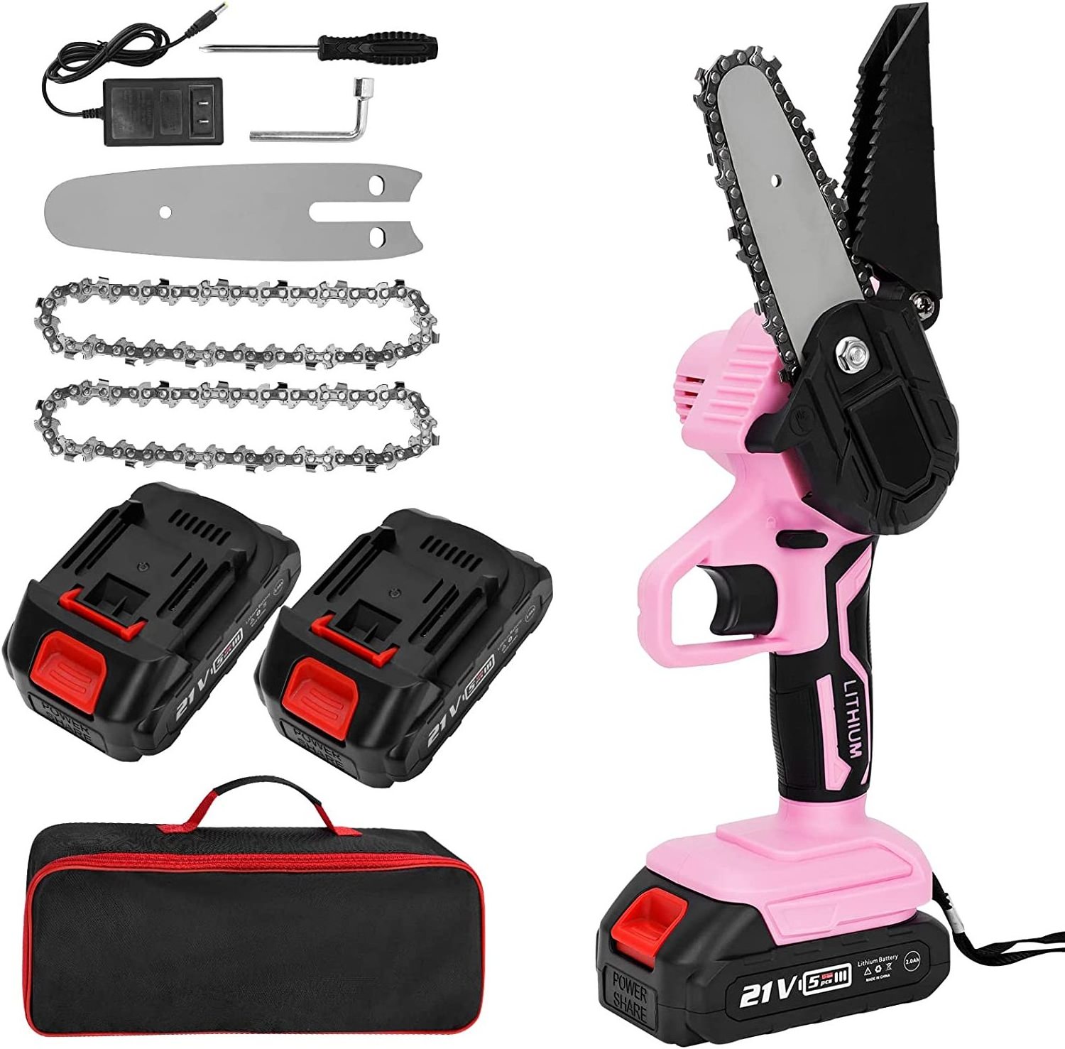 Pink Mini Chainsaw 4 inch Battery Chain Saws Cordless Mini chain saws for Trees Battery Powered, for Garden Pruning, Branch Wood