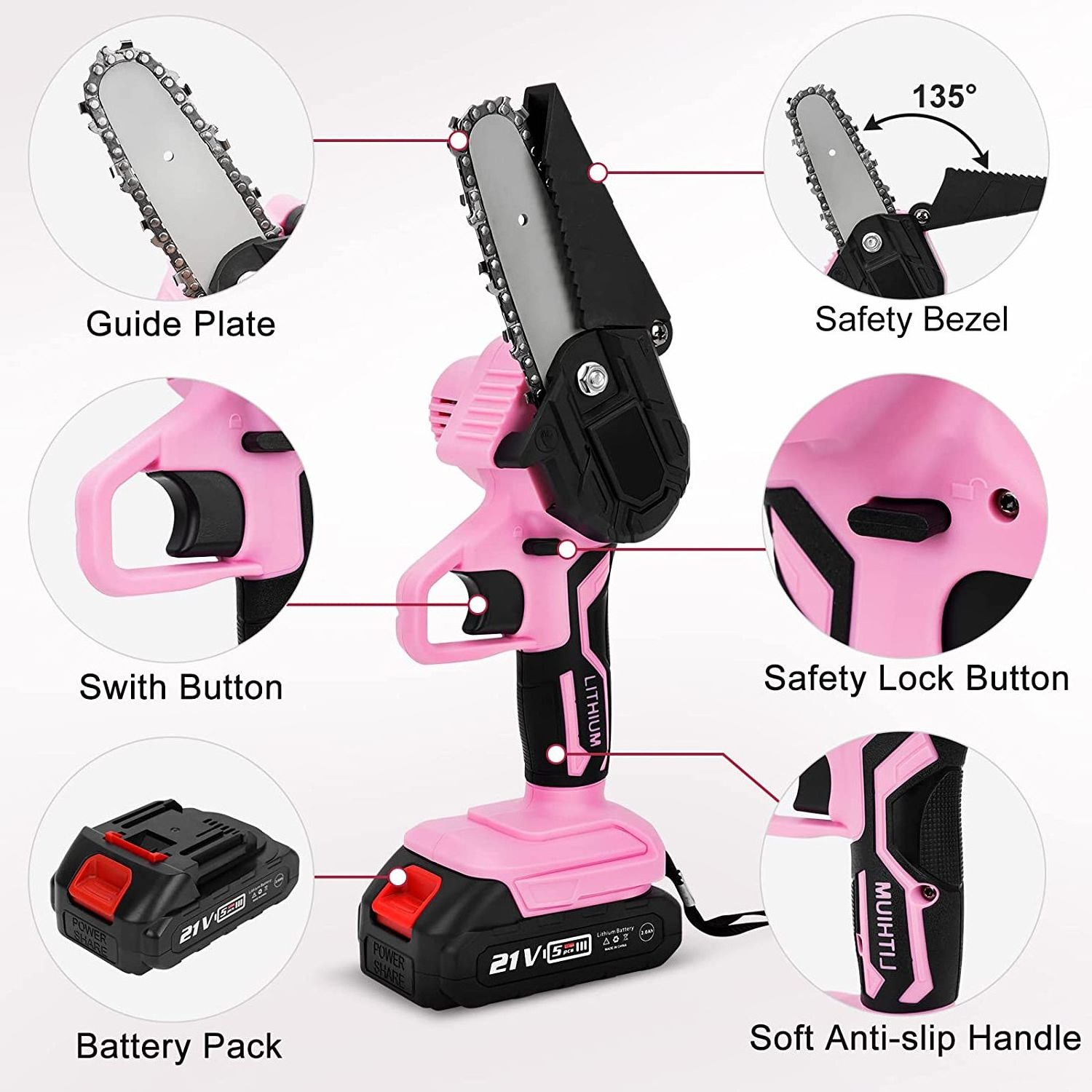 Pink Mini Chainsaw 4 inch Battery Chain Saws Cordless Mini chain saws for Trees Battery Powered, for Garden Pruning, Branch Wood