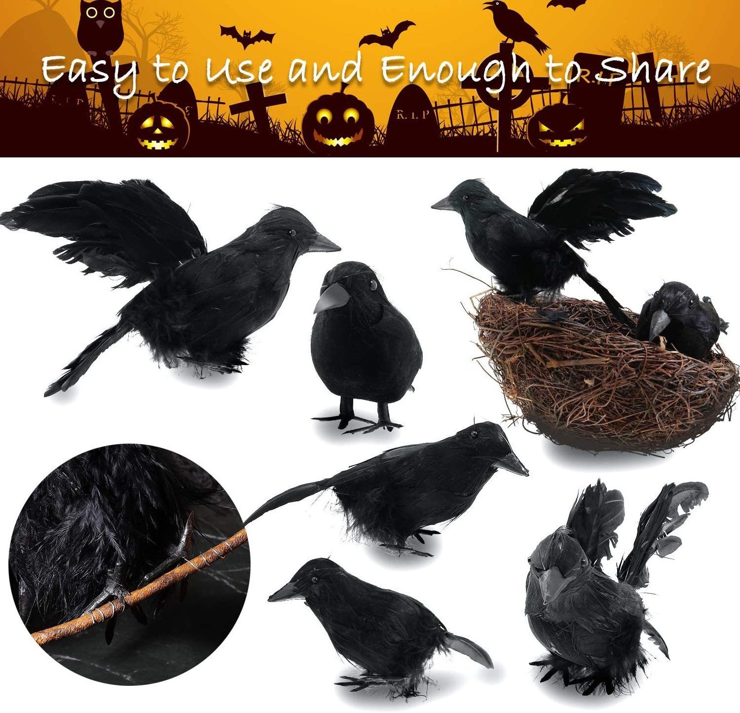 6pcs Halloween Realistic Handmade Black Feather Crows with nest Prop Fly and Stand Ravens artificial bird for home party deocor