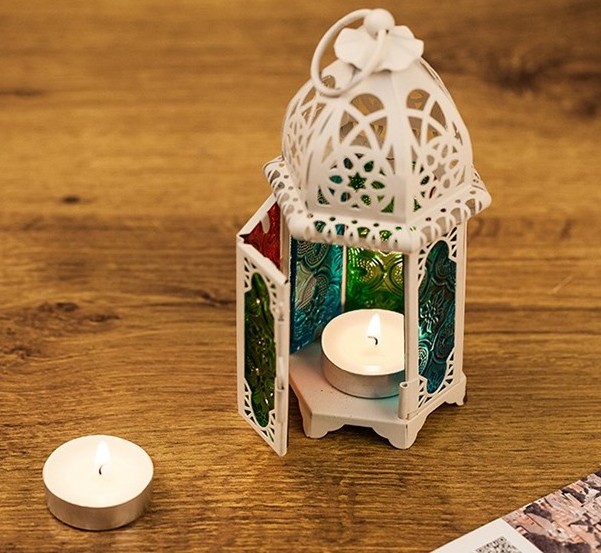 Moroccan Style white Hexagon Moroccan metal Candle Lanterns Holders Centerpiece Tabletop hanging Colorful Glass Panes Lamp