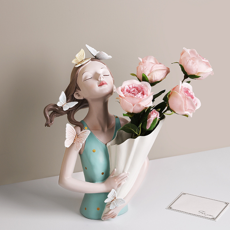 nordic beautiful Butterfly Girl Holding Flower Vase resin girl Sculptures bouquets vase crafts ornaments for home tabletop decor