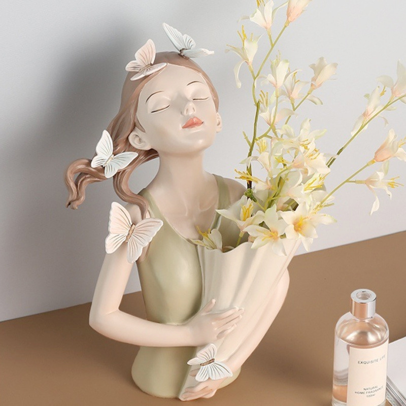 nordic beautiful Butterfly Girl Holding Flower Vase resin girl Sculptures bouquets vase crafts ornaments for home tabletop decor