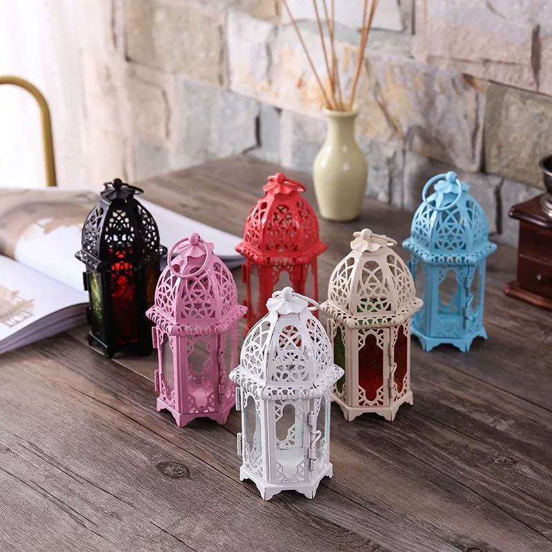 Moroccan Style white Hexagon Moroccan metal Candle Lanterns Holders Centerpiece Tabletop hanging Colorful Glass Panes Lamp