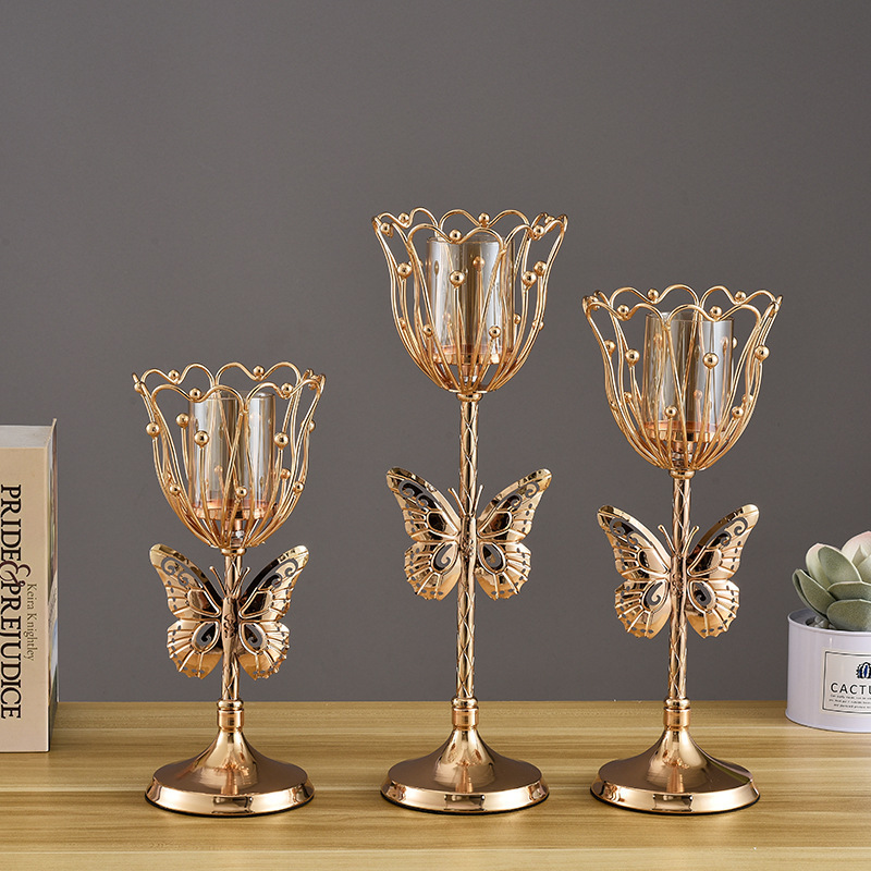 creative metal pedestal candle holder gold plated butterfly flower tealight candle holder with glass tube for home wedding decor