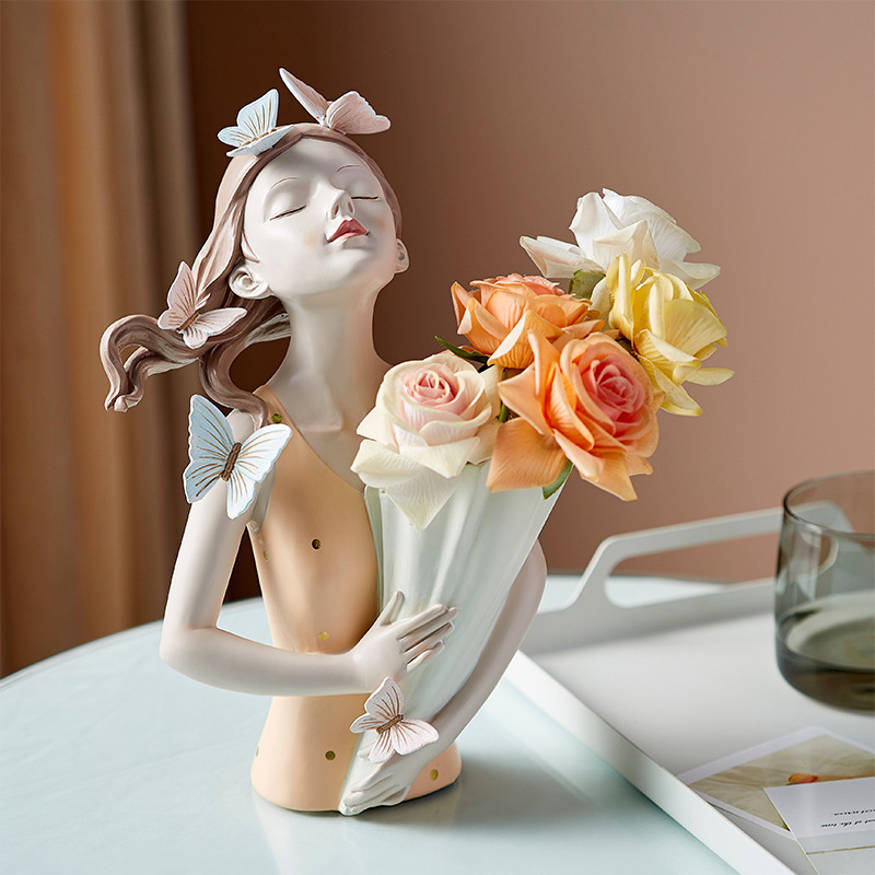 nordic beautiful Butterfly Girl Holding Flower Vase resin girl Sculptures bouquets vase crafts ornaments for home tabletop decor