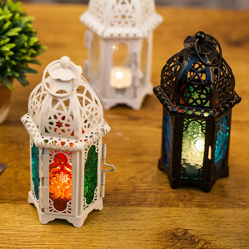 Moroccan Style white Hexagon Moroccan metal Candle Lanterns Holders Centerpiece Tabletop hanging Colorful Glass Panes Lamp