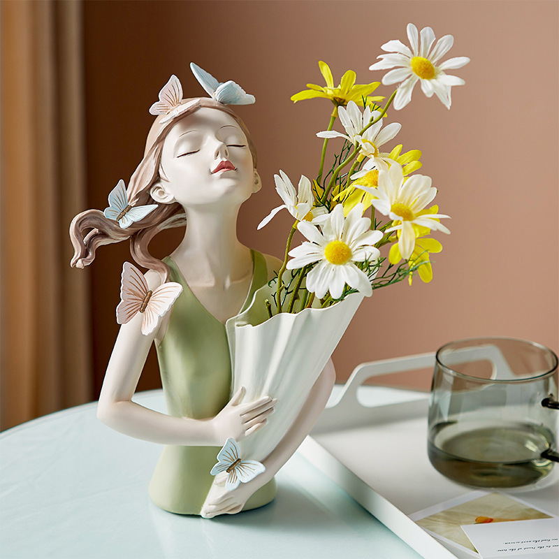 nordic beautiful Butterfly Girl Holding Flower Vase resin girl Sculptures bouquets vase crafts ornaments for home tabletop decor