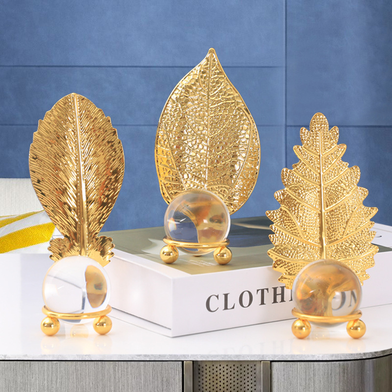 wrought iron golden leaf small luxury with transparent high quality crystal ball table ornaments for home accessories