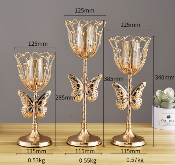 creative metal pedestal candle holder gold plated butterfly flower tealight candle holder with glass tube for home wedding decor