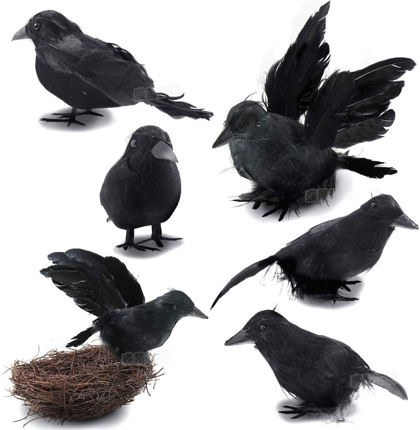 6pcs Halloween Realistic Handmade Black Feather Crows with nest Prop Fly and Stand Ravens artificial bird for home party deocor