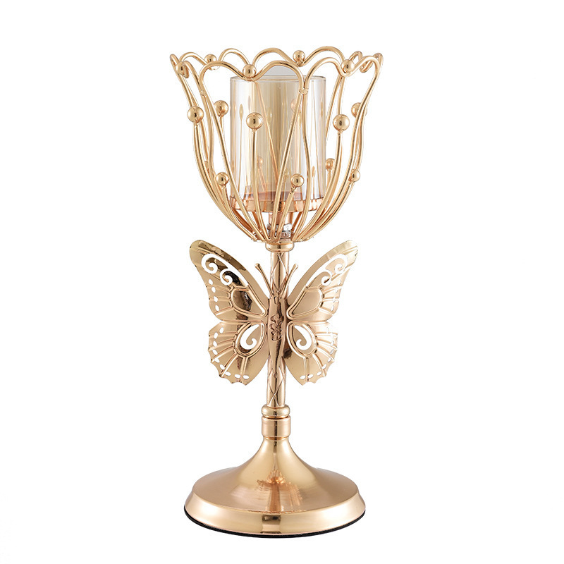 creative metal pedestal candle holder gold plated butterfly flower tealight candle holder with glass tube for home wedding decor