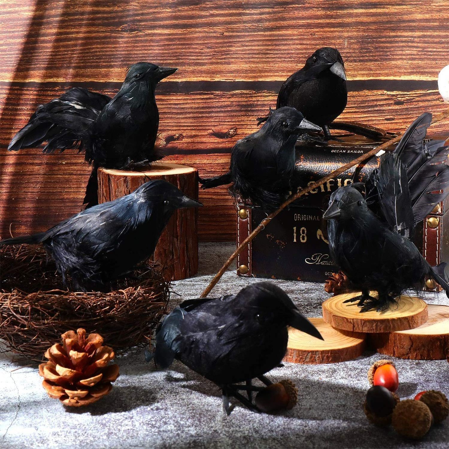 6pcs Halloween Realistic Handmade Black Feather Crows with nest Prop Fly and Stand Ravens artificial bird for home party deocor