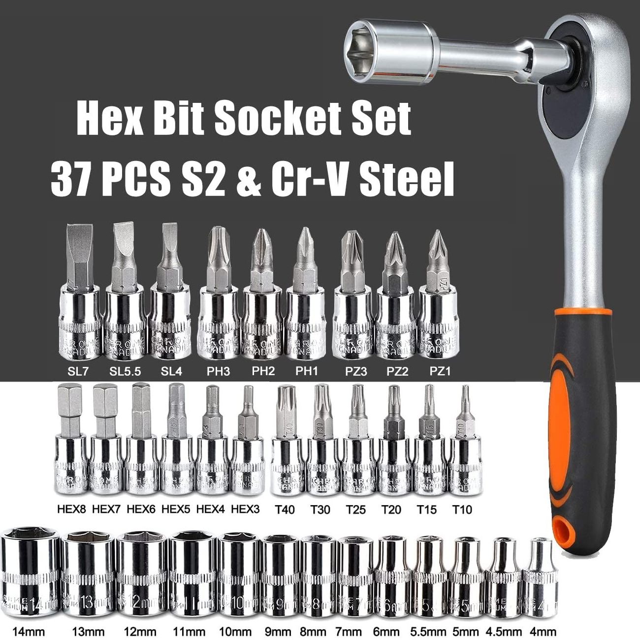 46pcs Drive Socket Set SAE and Metric Hex Bit Socket Set, Ratchet Wrench Set for Auto Repair Household