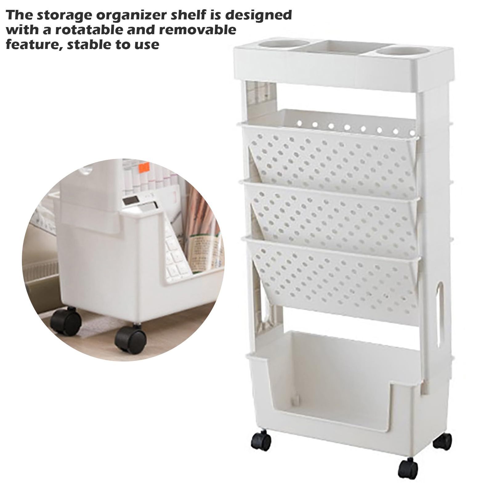 5 Tier Book Rack Storage Bookshelf Removable Plastic Practical Rolling Organization Shelf with Wheel