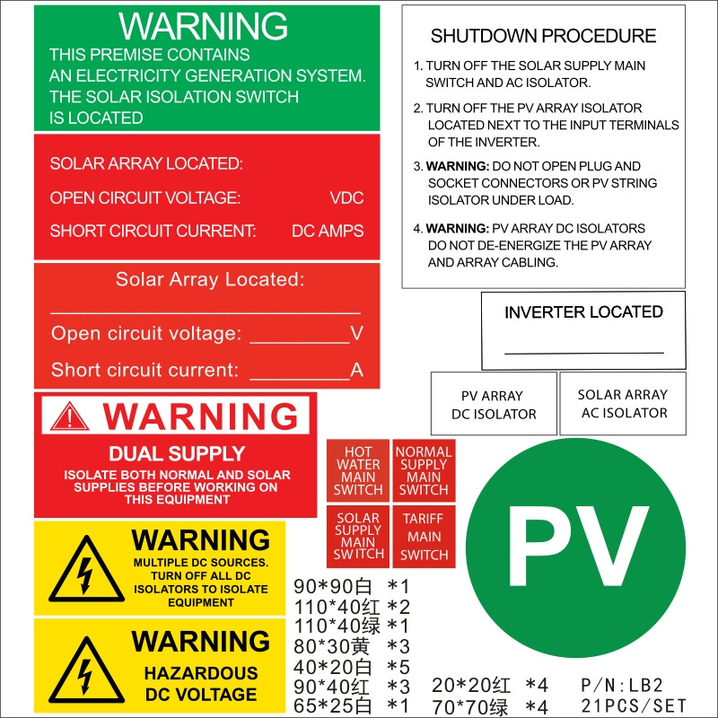 LB2 solar label kits for solar system 21PCS/set trafolyte label with adhesive tape ABS engraving waterproof UV resistant