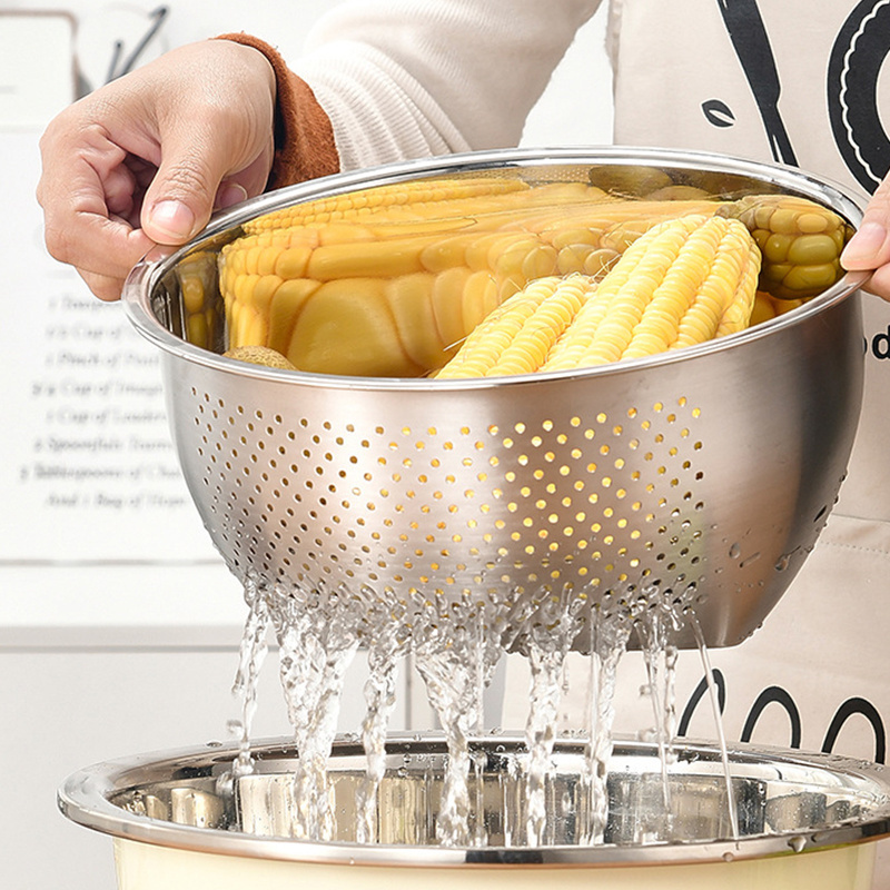 wholesale Stainless steel kitchen draining basket set rice washing mixing bowl colanders and strainers basket