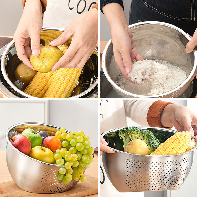 wholesale Stainless steel kitchen draining basket set rice washing mixing bowl colanders and strainers basket