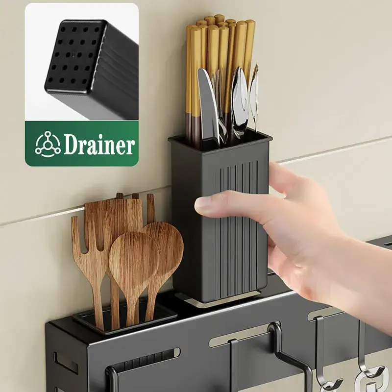 Kitchen Wall Mount Hanging Knife Holder Metal Rack Organizer Shelf  With Hooks Chopsticks Utensil Storage Shelves