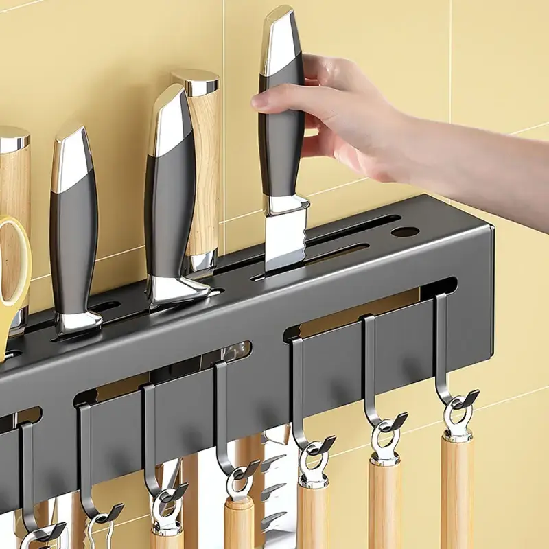 Kitchen Wall Mount Hanging Knife Holder Metal Rack Organizer Shelf  With Hooks Chopsticks Utensil Storage Shelves