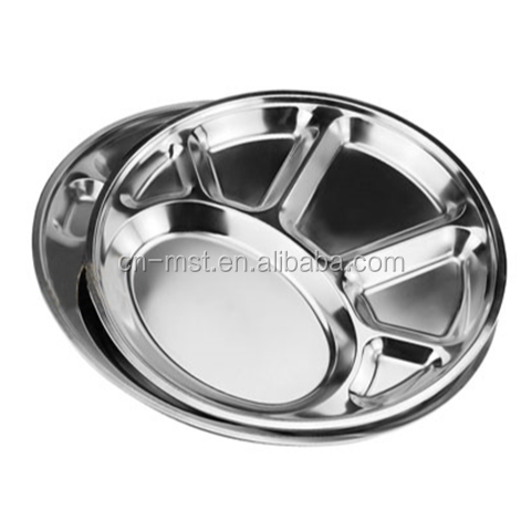 Stainless steel six grid round multi compartment divided fast food dinner plates for restaurant and school