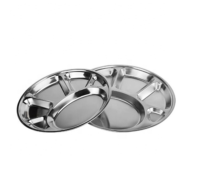 Stainless steel six grid round multi compartment divided fast food dinner plates for restaurant and school