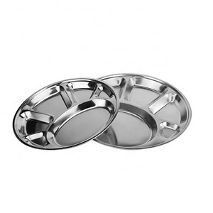 Stainless steel six grid round multi compartment divided fast food dinner plates for restaurant and school