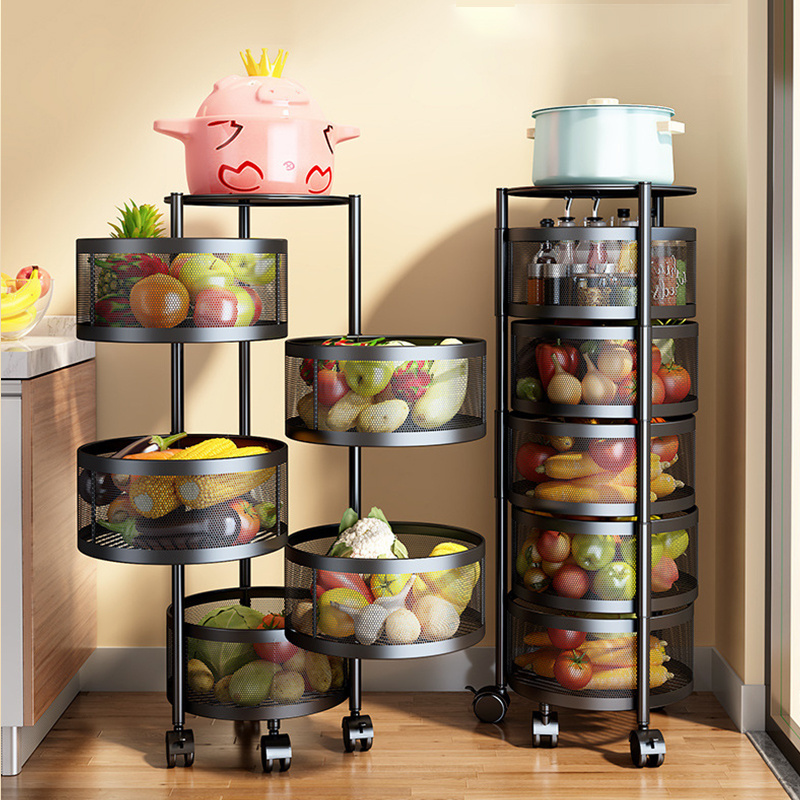 5 Layer 360 Degree Rotating Vegetable Rack Kitchen Floor Multi-functional Square Fruit And Vegetable Basket Storage Rack