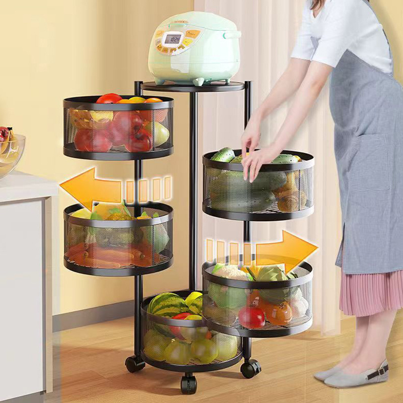 5 Layer 360 Degree Rotating Vegetable Rack Kitchen Floor Multi-functional Square Fruit And Vegetable Basket Storage Rack