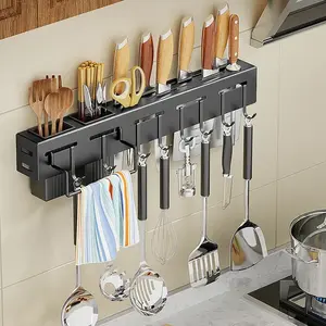 Kitchen Wall Mount Hanging Knife Holder Metal Rack Organizer Shelf  With Hooks Chopsticks Utensil Storage Shelves