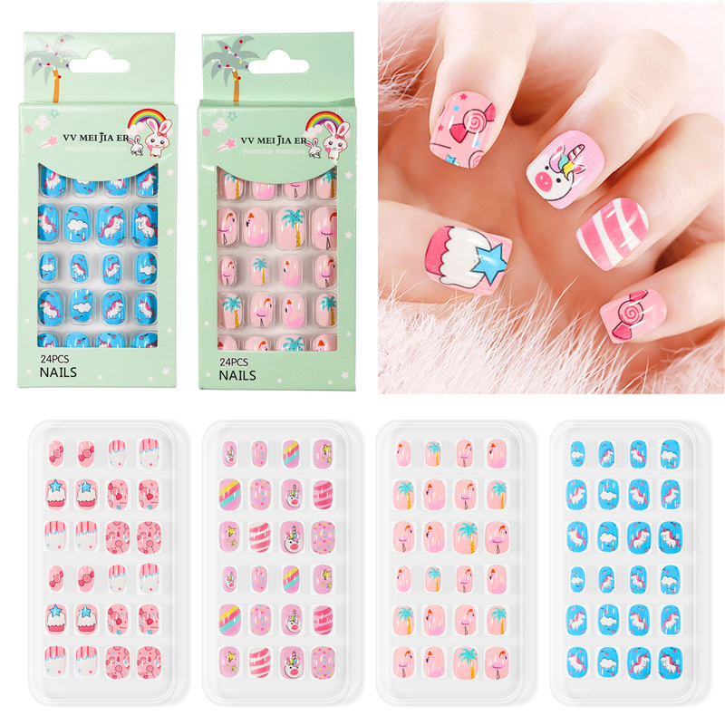 Press on Nail 24Pcs/Box Full Cover Self Adhesive Manicure False Nails Decoration Gift Children Pre-glue Nail Tips For Kids Girls