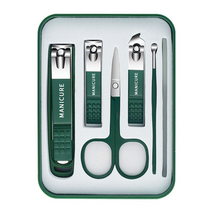 6 PCS Green Stainless Steel Checkered Nail Clipper Manicure Set with Catcher Include Nail File Scissors Pedicure Kit in Tin Case