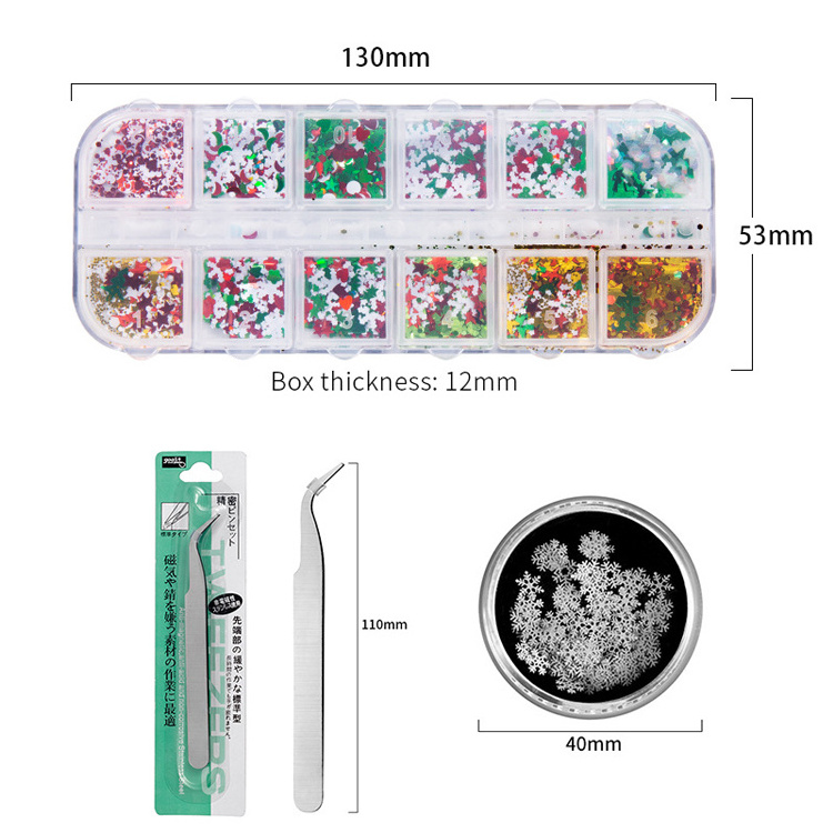 Snowflake Nail Art Sequins 3D Nail Decals Manicure Decoration Tools Christmas Nail Glitters with Tweezers