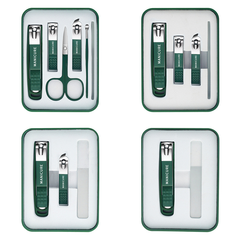 6 PCS Green Stainless Steel Checkered Nail Clipper Manicure Set with Catcher Include Nail File Scissors Pedicure Kit in Tin Case