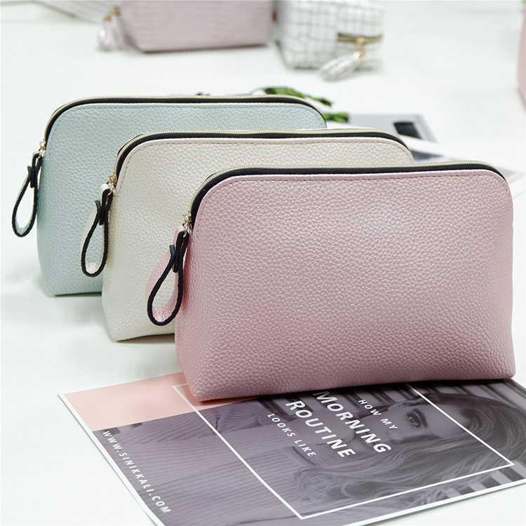 wedding bride bridesmaid zip leather pouch pu makeup amenity bag women clutch classic shell shape plain travel cosmetic bag