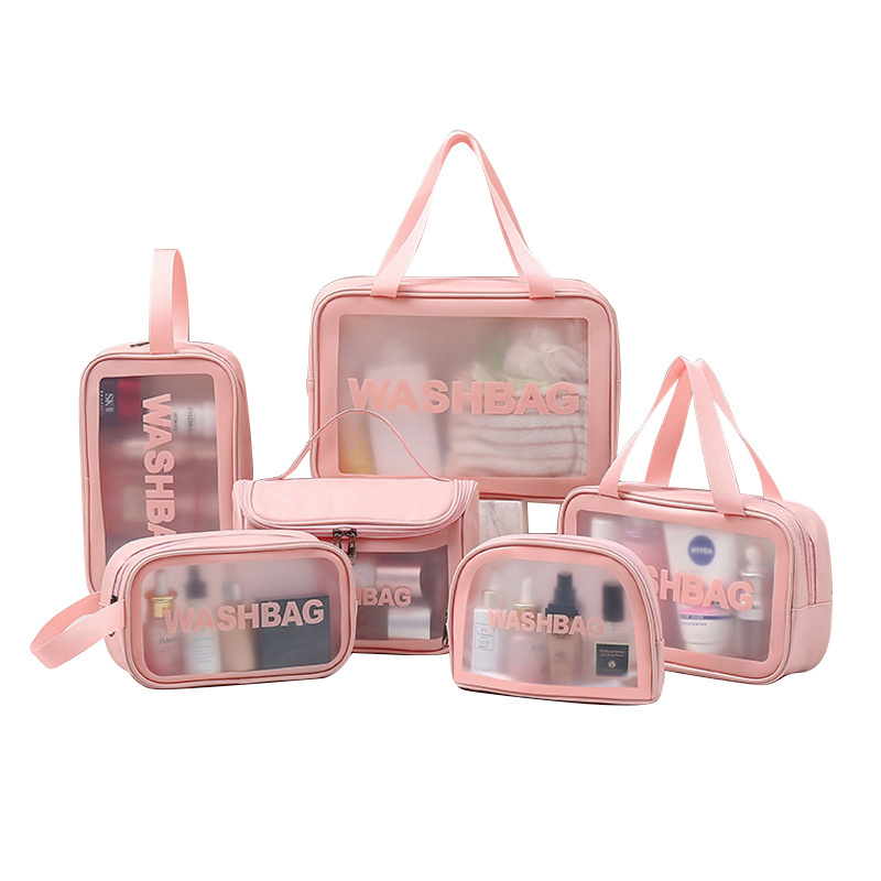 wholesale pink pu leather makeup wash bag frosted transparent pvc waterproof cosmetic bag hanging portable travel toiletry bags