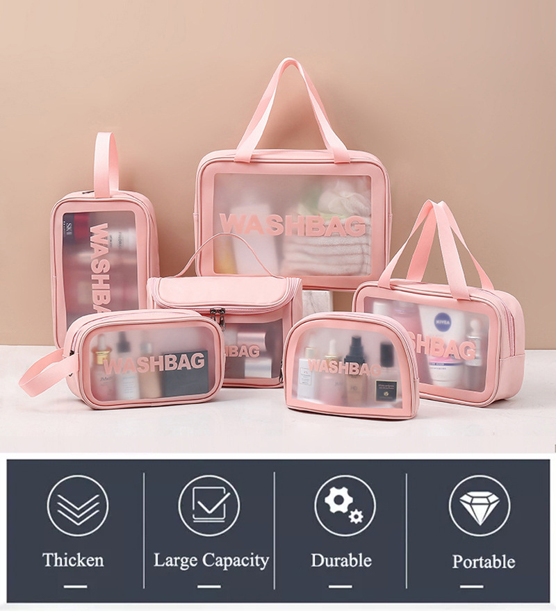 wholesale pink pu leather makeup wash bag frosted transparent pvc waterproof cosmetic bag hanging portable travel toiletry bags